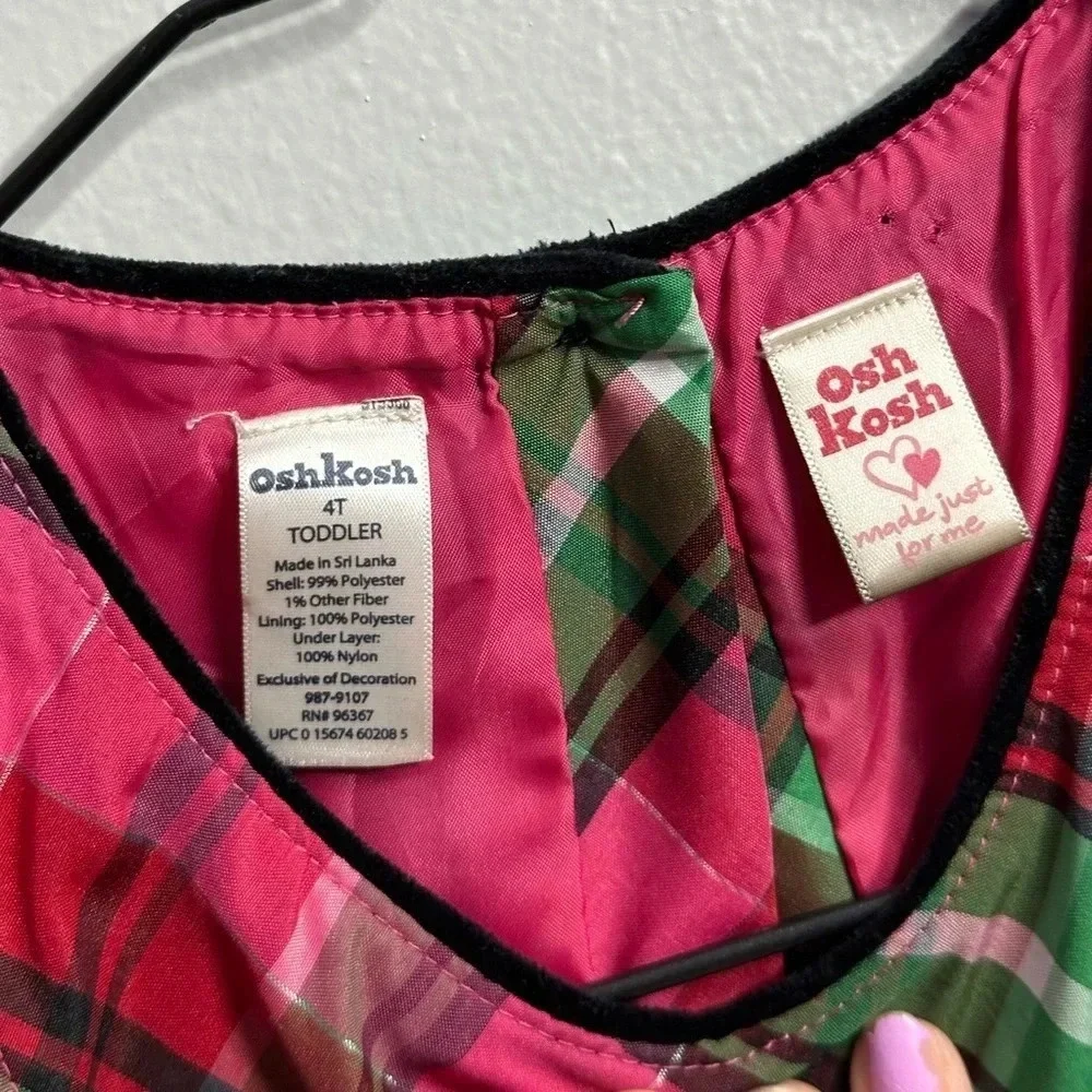Oshkosh B’gosh Toddler Girl Party Holiday Red Sleeveless Plaid‎ Dress Size 4T.